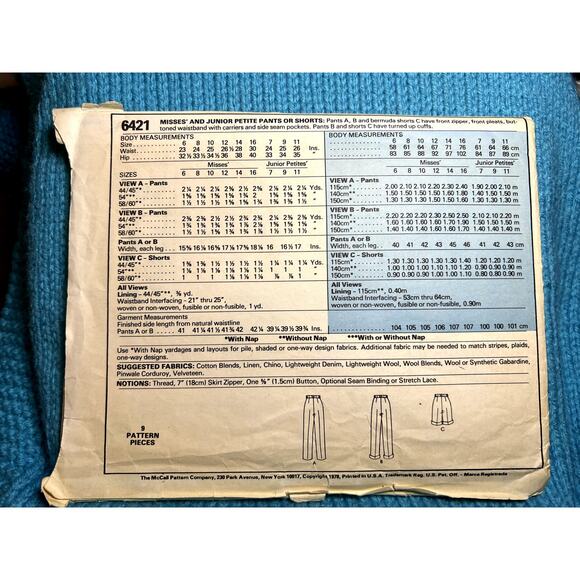McCalls 6421 sewing pattern Pant straight leg shorts size 10 12 14 - Picture 3 of 6
